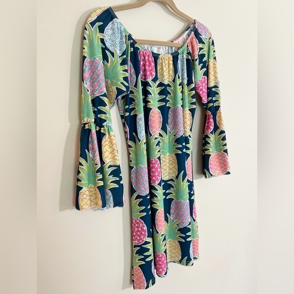 SIMPLY SOUTHERN Preppy Tropical Bell Sleeve Colorful Pineapple Mini Dress Size S - Picture 4 of 13